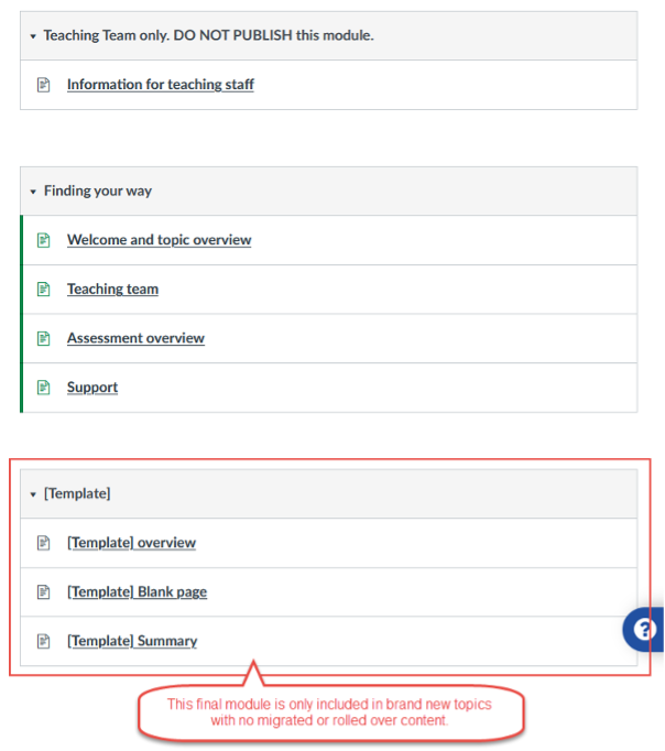 Figure 1 showing the new Canvas shell, consisting of three modules, each with one or more pages; they will appear at the top of the Modules area of your topic.
